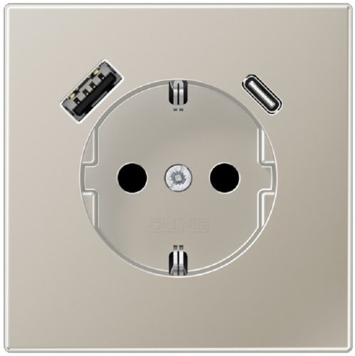 Розетка с заземлением +2хUSB тип A+C без рамки Jung LS990 metal 1-м. сталь картинка
